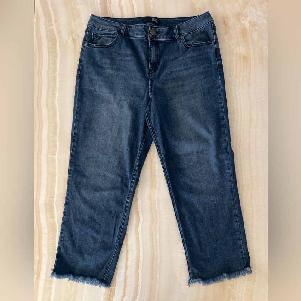 1822 Denim Petite Straight Jeans 14P/32P Dark Wash Raw Hem Cropped
